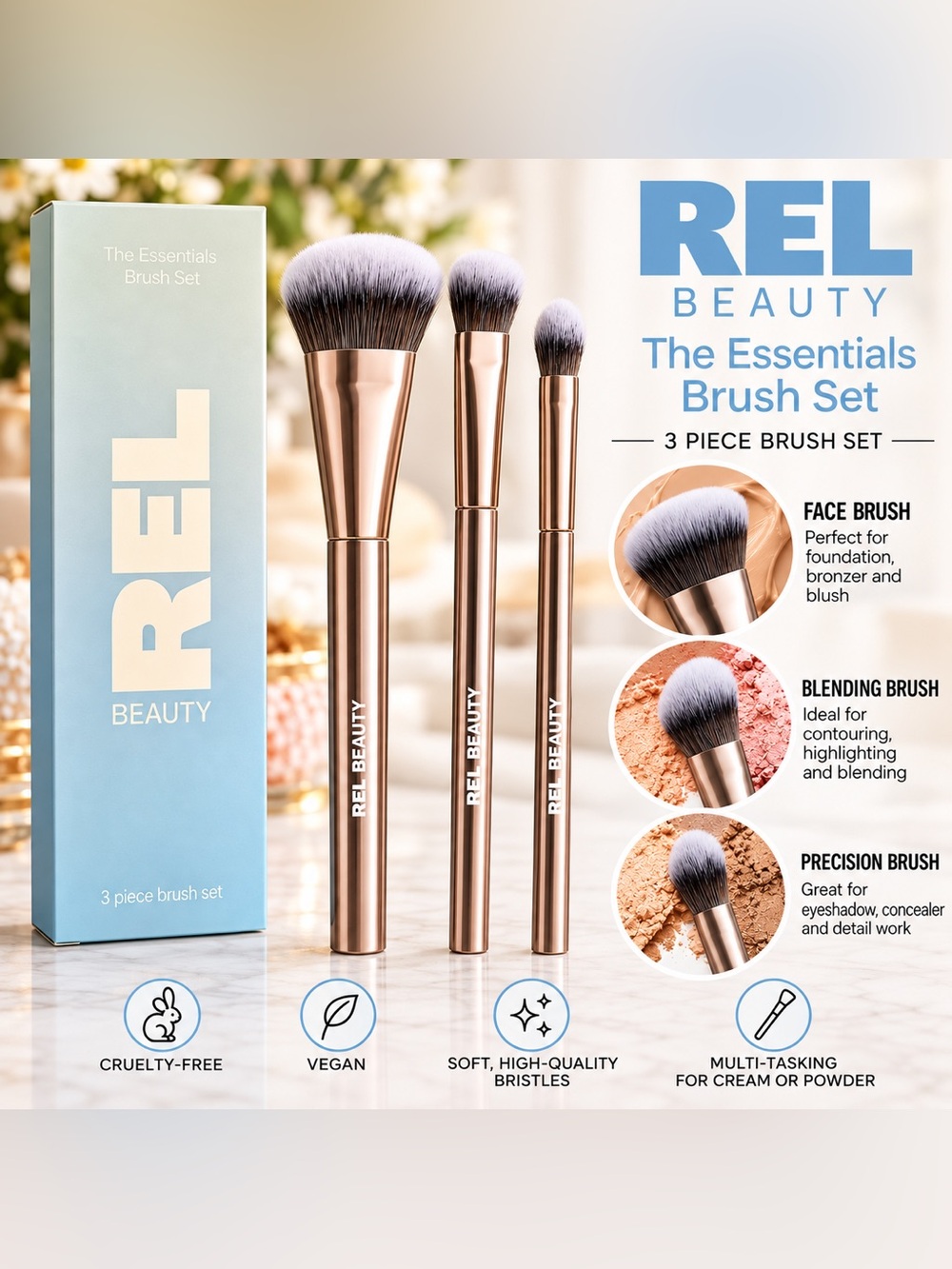 REL BEAUTY The Essentials Brush Set 3-Piece Makeup Brush Set NWT